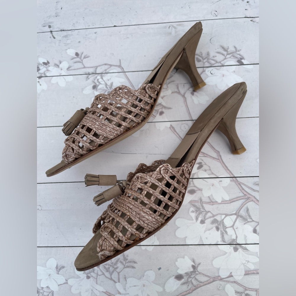 Stuart Weitzman Braided Tan Slide Mules with Tassel Detail - Picture 3 of 5
